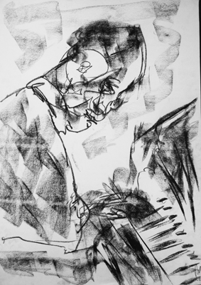Pianista. Carbonilla sobre papel blanco - 0,60 x 0,80 m
